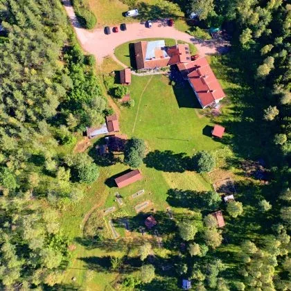 Flygbild över gården med grusvägar mellan byggnaderna och tät skog runt om.