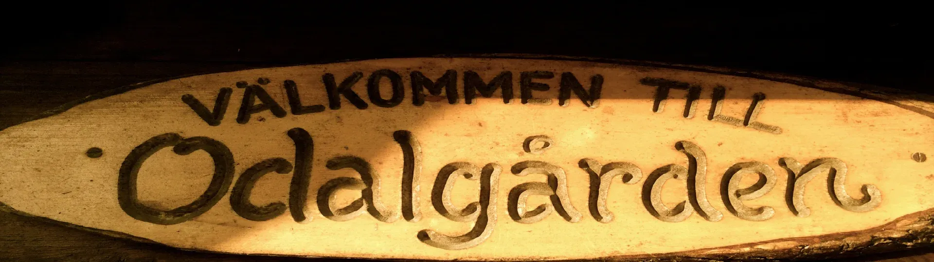 Handmålad träskylt med texten Välkommen till Odalgården.